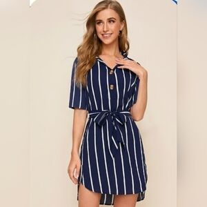 Shein Trendy Navy & White Striped Shirt Dress -Nautical Dress-size L
